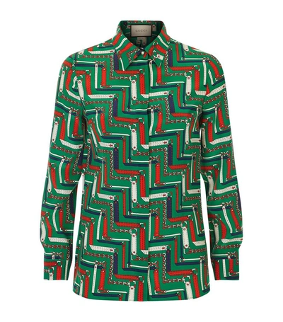 Shop Gucci Chainette Print Silk Shirt In Green