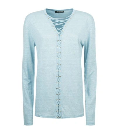 Shop Balmain Lace Neck Linen Top In Blue