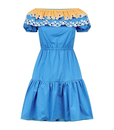 Shop Peter Pilotto Embroidered Off-the-shoulder Dress In Blue