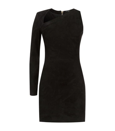 Shop Balmain Suede One Sleeve Fitted Dress In Black