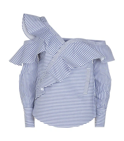 Shop Self-portrait Striped Asymmetric Frill Shirt In Blue