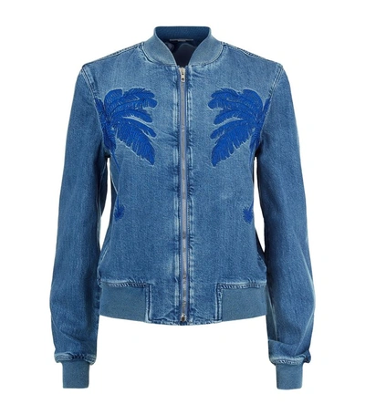 Shop Stella Mccartney Palm Tree Embroidered Denim Bomber Jacket In Blue