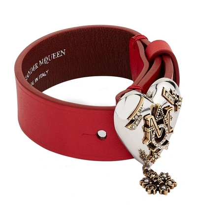 Shop Alexander Mcqueen Leather Heart Cuff In Red