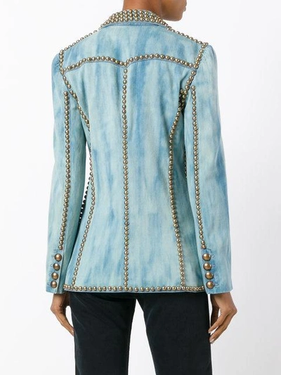 Shop Gucci Embroidered Studded Denim Blazer In Blue