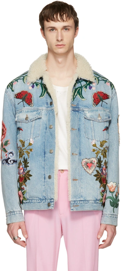 Gucci Shearling Lined Embroidered Denim Jacket In Blue