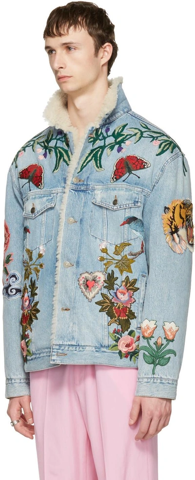 Shop Gucci Blue Embroidered Shearling Denim Jacket