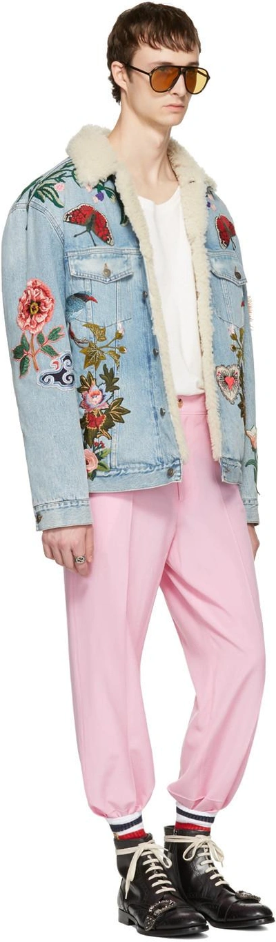 Shop Gucci Blue Embroidered Shearling Denim Jacket