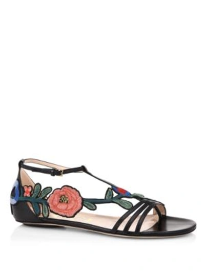 Shop Gucci Ophelia Floral-embroidered Flat Sandals In Black