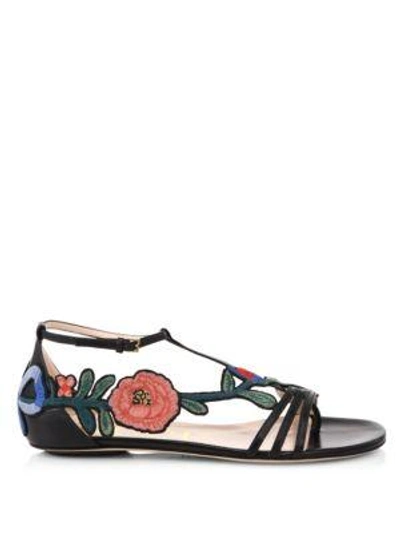 Shop Gucci Ophelia Floral-embroidered Flat Sandals In Black