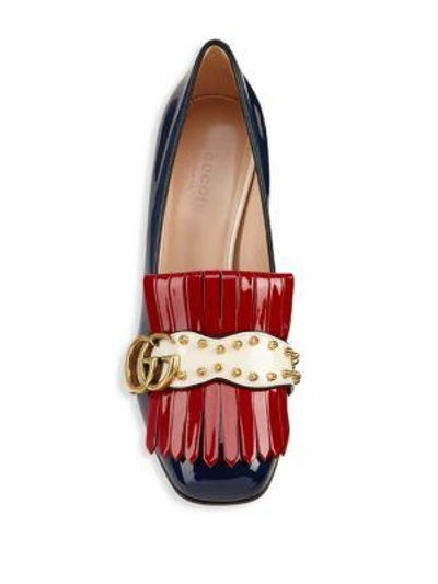 Shop Gucci Marmont Gg Studded Tri-tone Patent Leather Loafer Pumps In Royal Blue Red