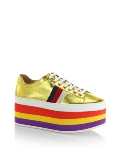 Shop Gucci Peggy Metallic Leather Rainbow Platform Trainers In Gold