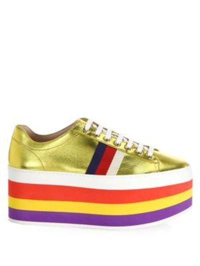 Shop Gucci Peggy Metallic Leather Rainbow Platform Sneakers In Gold