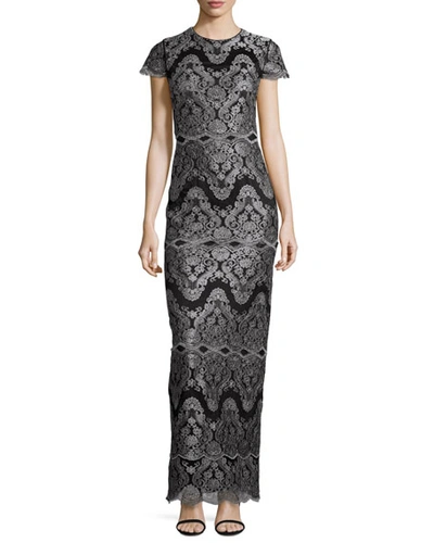 Catherine Deane Short-sleeve Metallic Lace Column Gown, Black/silver, Black Silver