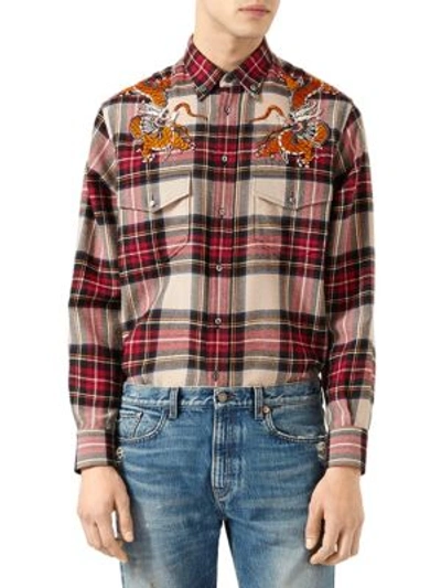Shop Gucci Embroidered Dragons Check Shirt In Multi