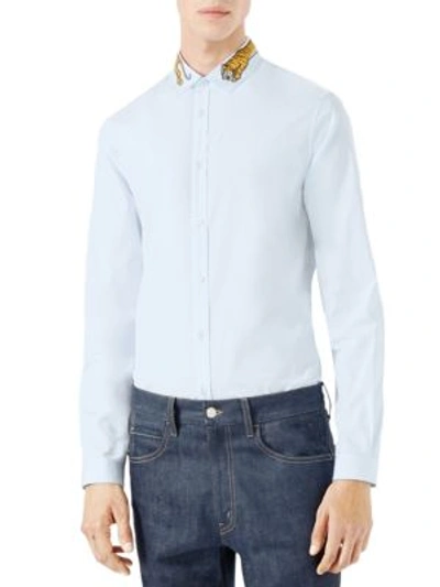 Gucci Cotton Duke Shirt With Tiger In Light Blue | ModeSens