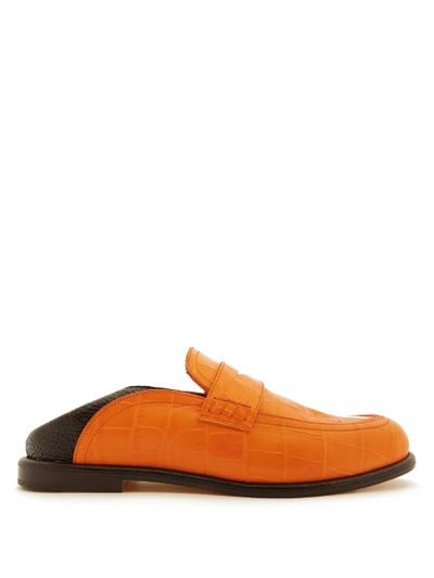 Loewe Foldable-heel Crocodile-effect Leather Loafers In Black Orange