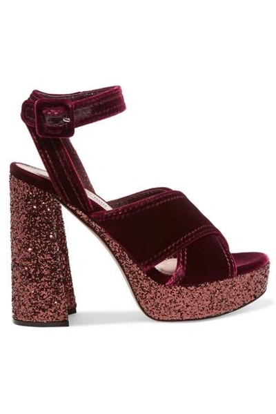 Shop Miu Miu Glittered Velvet Platform Sandals