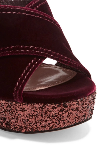 Shop Miu Miu Glittered Velvet Platform Sandals