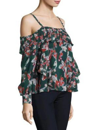 Shop Tanya Taylor Floral Ikat Gauze Daisy Silk Cold Shoulder Top In Hunter Green