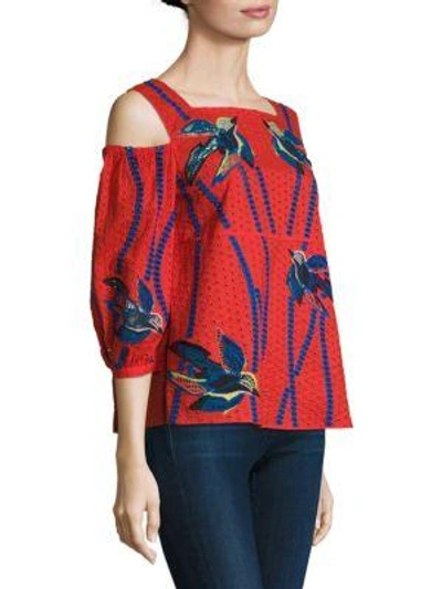 Shop Tanya Taylor Bird Embroidered Cotton Cold Shoulder Top In Red
