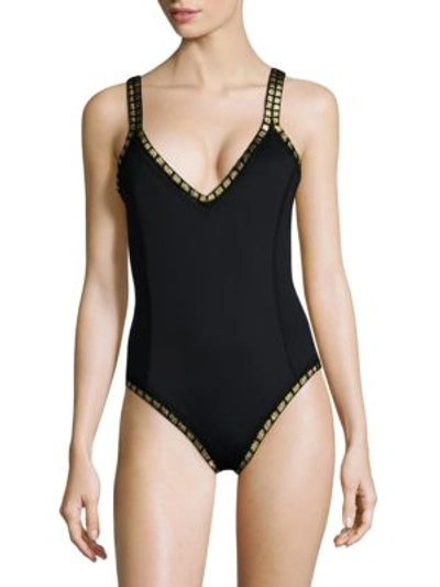 Shop Kiini Chacha Scoop Back One-piece Maillot Swimsuit In Black-gold
