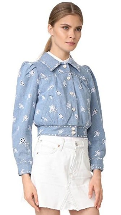 Shop Marc Jacobs Shrunken Denim Bomber Jacket In Indigo Broderie Anglaise