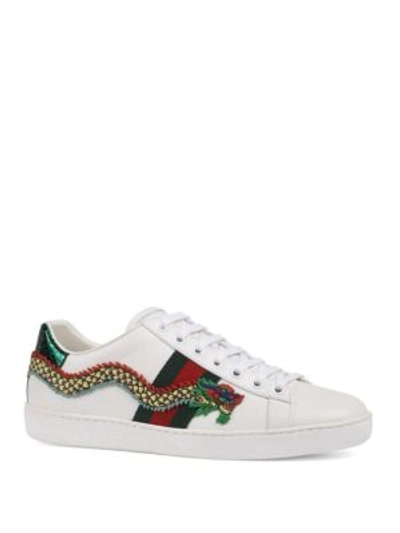 Shop Gucci New Ace Dragon Leather Sneakers In White