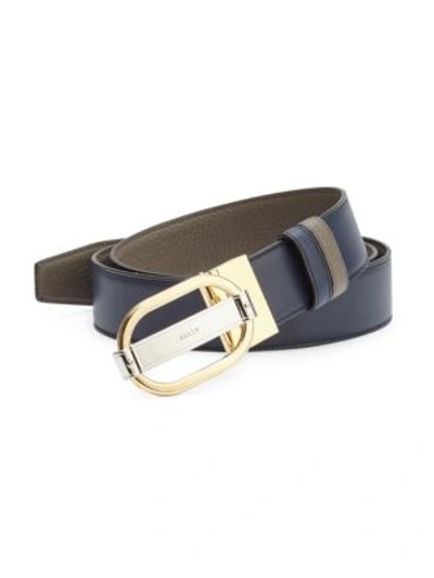 Bally Grained Calf Leather Reversible Belt In Ink Blue
