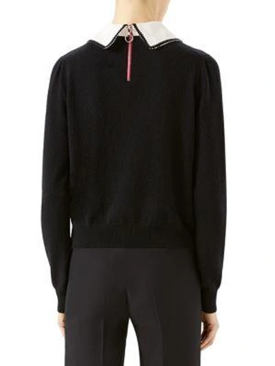 Shop Gucci Embroidered Wool & Cashmere Cropped Sweater In Black-ivory Multi