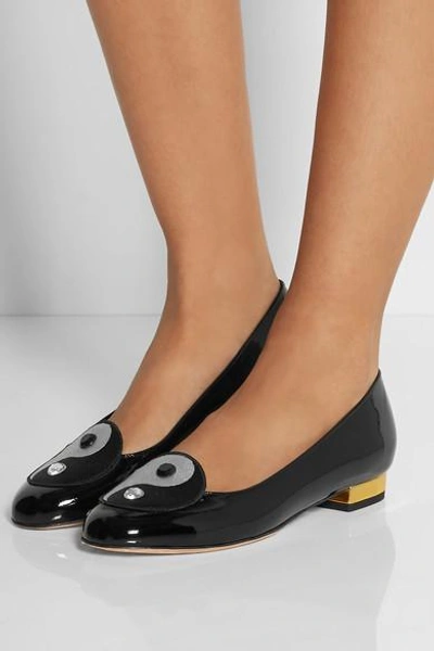 Shop Charlotte Olympia Harmony Embroidered Patent-leather Slippers In Black