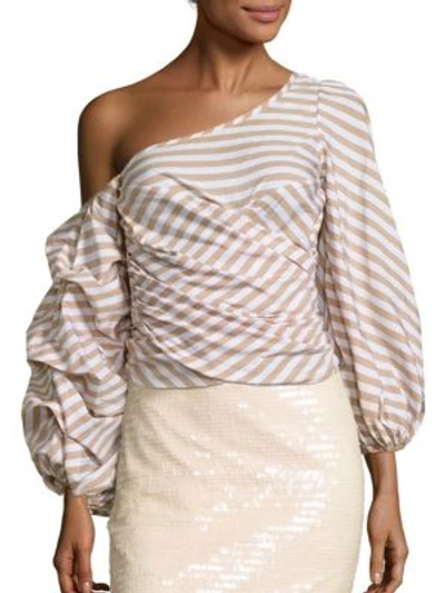 Shop Johanna Ortiz Leticia Striped One-shoulder Wrap Top In Off White-khaki