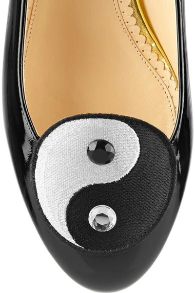 Shop Charlotte Olympia Harmony Embroidered Patent-leather Slippers In Black