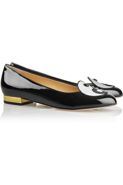 Shop Charlotte Olympia Harmony Embroidered Patent-leather Slippers In Black