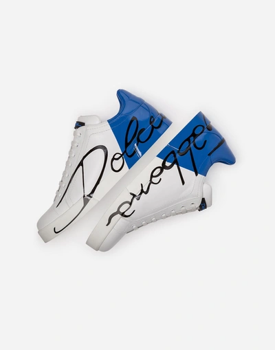 Shop Dolce & Gabbana Portofino Sneakers In Leather And Patent In White/blue