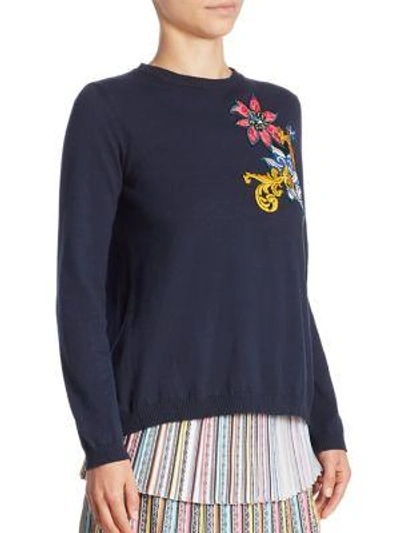 Shop Mary Katrantzou Embroidered Split-back Cotton Cropped Sweater In Nuit