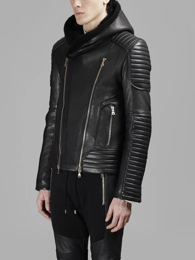 Shop Balmain Men's Black Hooded Leather Jacket