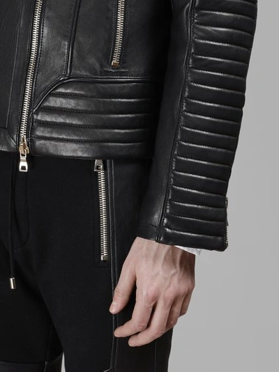 Shop Balmain Men's Black Hooded Leather Jacket