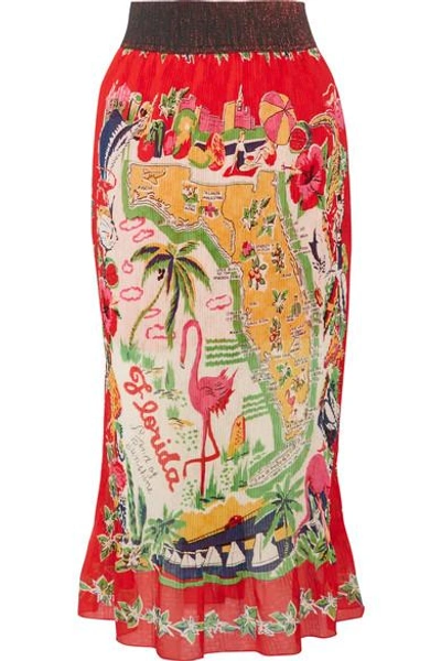 Shop Anna Sui Florida Plissé Printed Silk Midi Skirt In Red