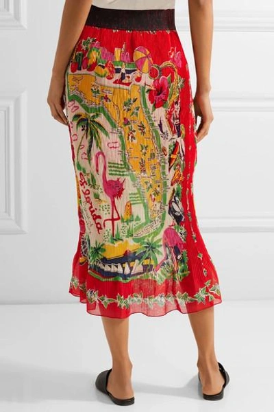 Shop Anna Sui Florida Plissé Printed Silk Midi Skirt In Red