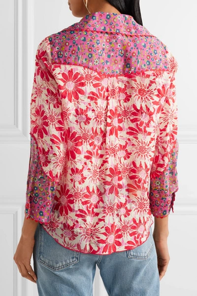 Shop Anna Sui Embroidered Printed Silk-crepon Shirt In Pink