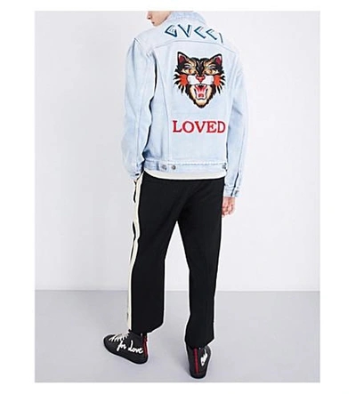 Shop Gucci Tiger-embroidered Denim Jacket In Blue