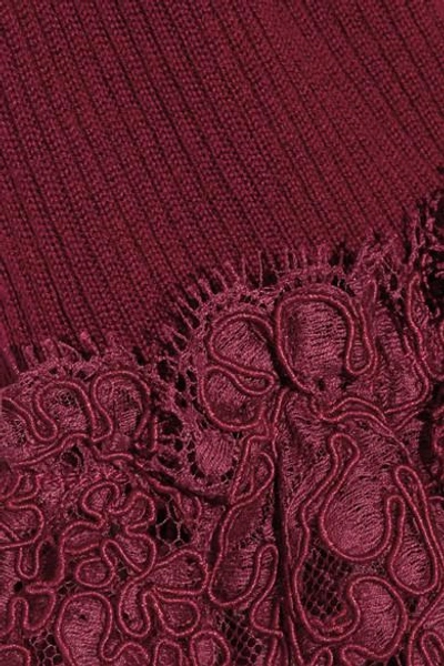 Shop Oscar De La Renta Corded Lace-trimmed Ribbed Merino Wool Top