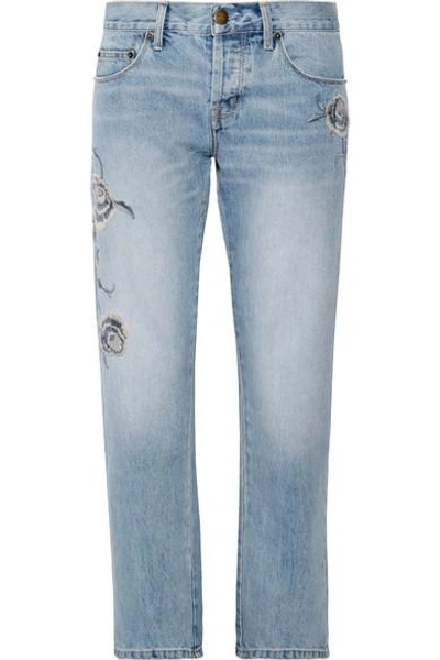 Shop Current Elliott The Crossover Embroidered Mid-rise Straight-leg Jeans In Mid Denim