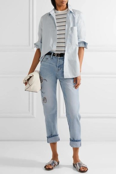 Shop Current Elliott The Crossover Embroidered Mid-rise Straight-leg Jeans In Mid Denim