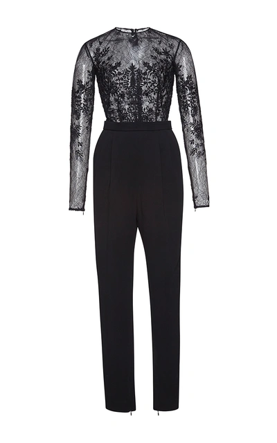 Zuhair Murad Embroidered Lace & Crepe Long-sleeve Jumpsuit, Jet