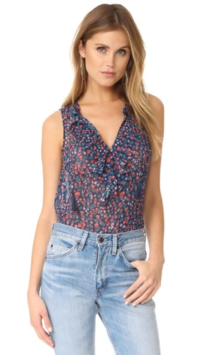 Paige Alma Floral Silk Ruffle Top In Dark Ink Blue/baked Apple