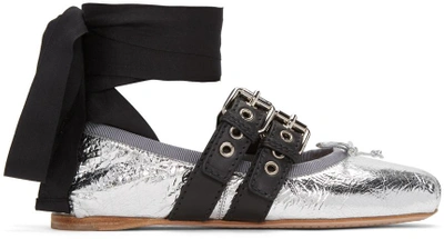 Shop Miu Miu Silver Double Buckle Ballerina Flats In 118 Silver