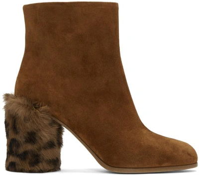 Shop Miu Miu Tan Leopard Fur Heel Boots