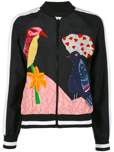 Alice And Olivia Woman Printed Bead-embellished Washed-silk Bomber Jacket Black In Multi