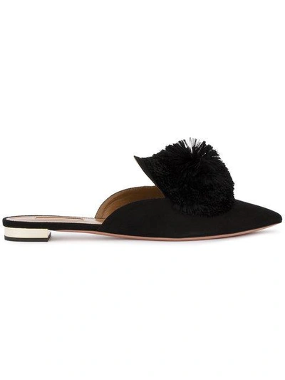 Shop Aquazzura Black Powder Puff Suede Mules